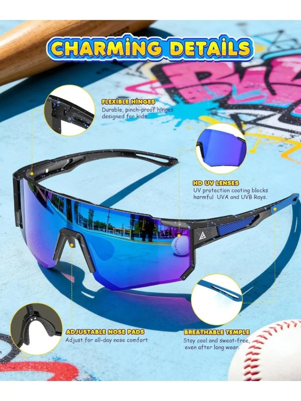Youth Sport Sunglasses for Kids - UV400 Protection, Perfect for Baseball